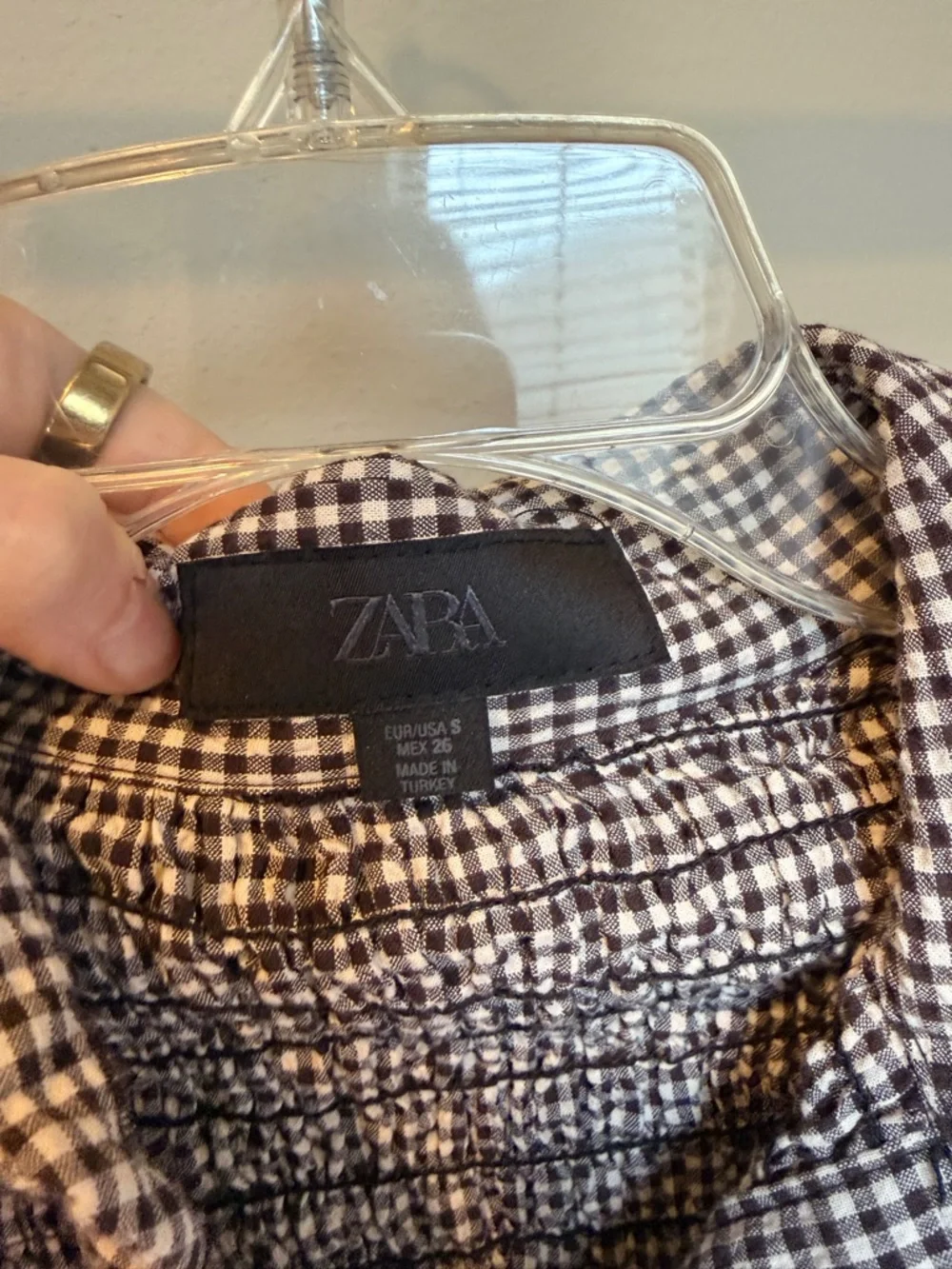 Zara Brown & White Gingham Smocked Cropped Button Top